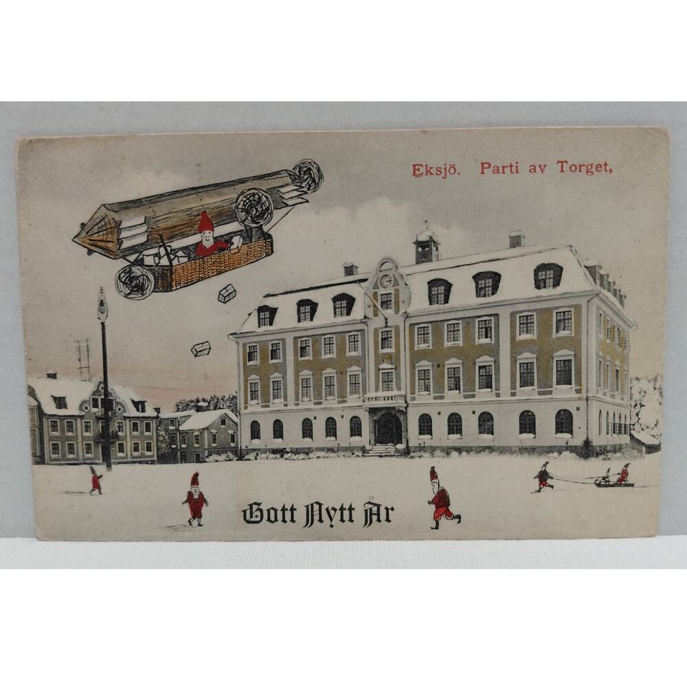 Antique Christmas Postcard Santa Claus Flying a Blimp Unposted Divided